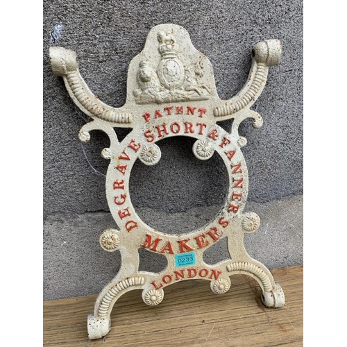 233 - Cast iron name plate 'Degrave, Short and Fanners' {H 56 cm x W 36 cm}