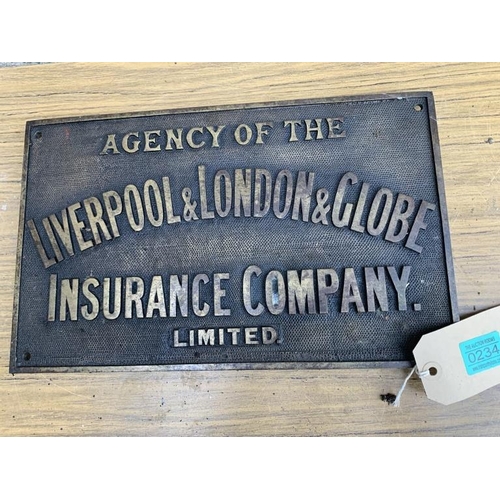 234 - Liverpool London and Globe insurance company brass plaque. {H 23 cm}