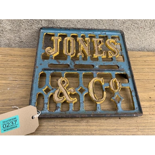 237 - Cast iron Jones & Co name plate. {W 25 cm x H 25 cm}