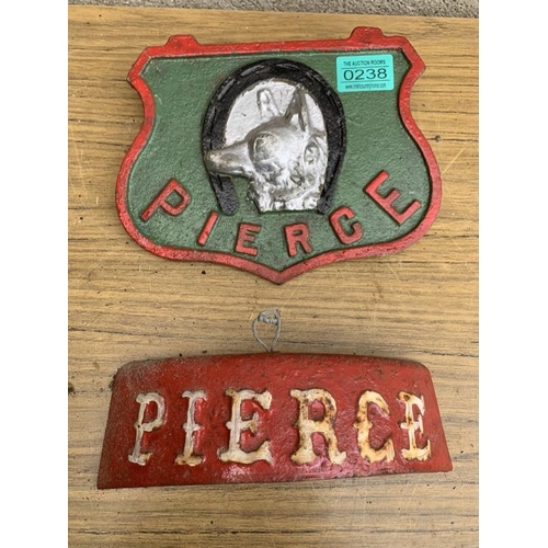 238 - Two cast iron Pierce name plates. {W 22 cm x H 18 cm}