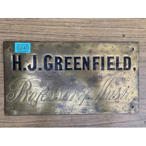 240 - H.J Greenfield Professor of Music brass wall plaque. {W 35 cm x H 19 cm}