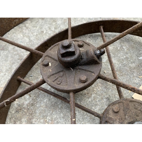 249 - Pair of cast iron seed sower wheels. {36 cm Diameter}