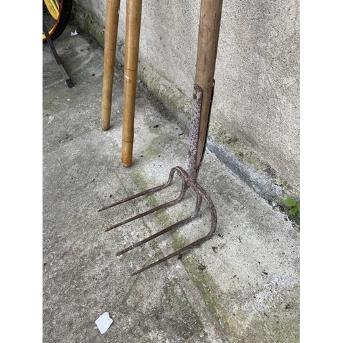 265 - Vintage shears and hay rake. {H 130 cm}