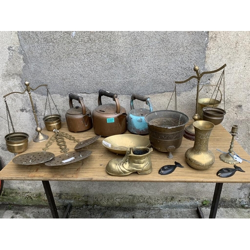 267 - Three copper kettles and a collection of brassware