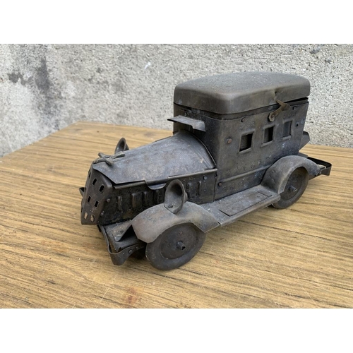 270 - Model train and car and motor bike. {W 37 cm x H 20 cm x D 15 cm}