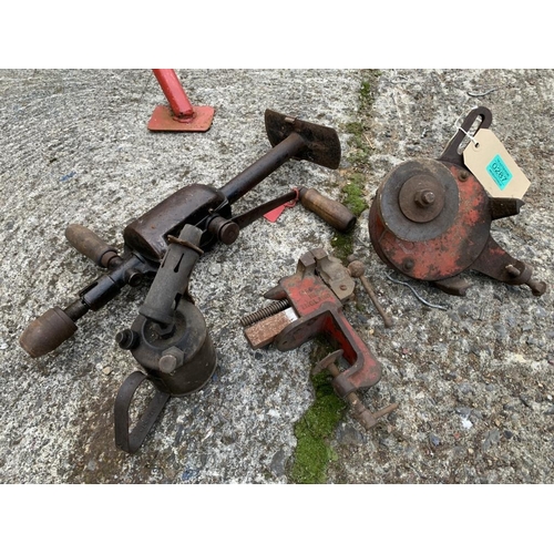 287 - Collection of various implements including a bench vice, drill etc.