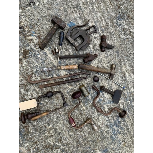 288 - Collection of vintage tools including brass drill, hammer etc.