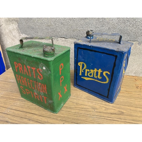 3 - Two Pratts oil cans complete with brass tops. { W 25 cm x H 32 cm x D 15 cm}