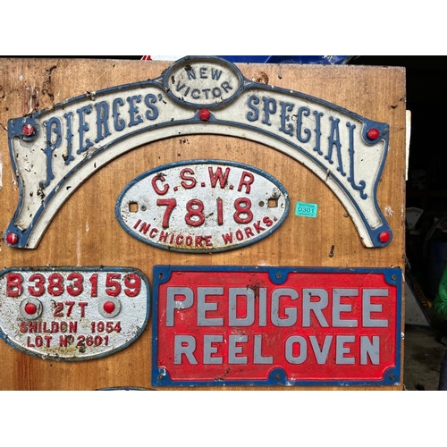 301 - Four cast iron name and registration plates including Pierce, Pedigree and CSWR.