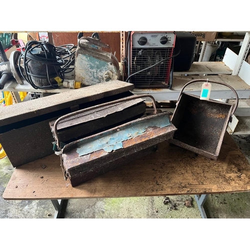 307 - Two rusted tool boxes and a coal helmet.