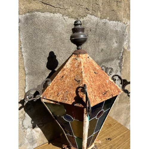 325 - Hexagonal leaded glass lantern with brass mounts. {66 cm W x 100 cm H}