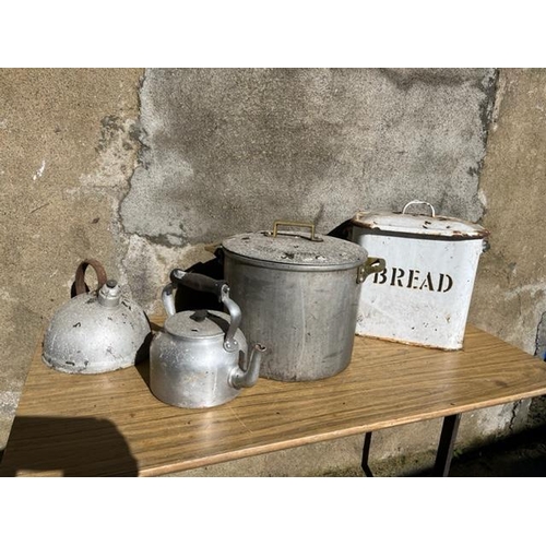 327 - Enamel bread bin, vintage brass handled pot and two kettles.