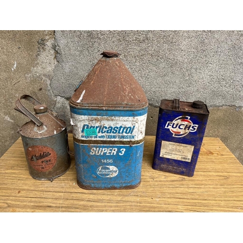 336 - Three petrol cans, {Largest 26 cm W x 46 cm H}