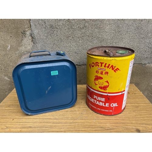 338 - Jerry can and a vegetable oil drum. {Jerry can 36 cm W x 36 cm H x 22 cm D}