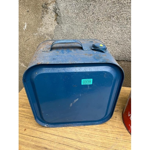 338 - Jerry can and a vegetable oil drum. {Jerry can 36 cm W x 36 cm H x 22 cm D}