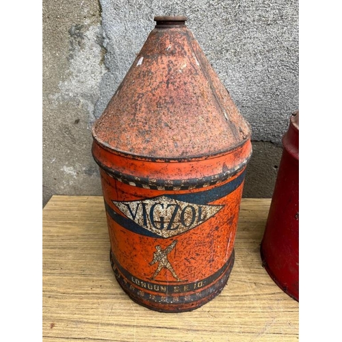 342 - Two vintage oil cans, Vigzol. {25 cm W x 50 cm H}