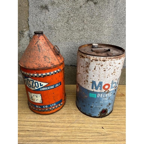 344 - Two vintage oil cans, Mobil. {28 cm W x 43 cm H}