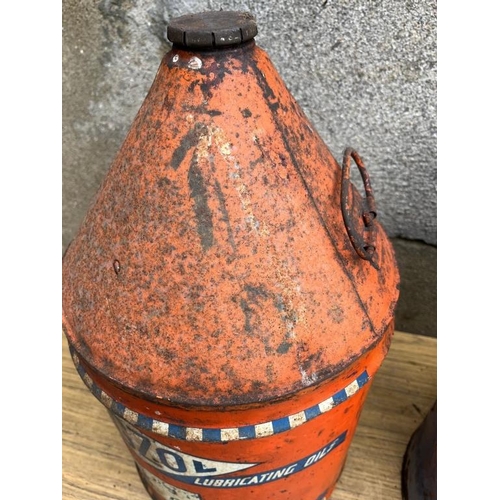 344 - Two vintage oil cans, Mobil. {28 cm W x 43 cm H}