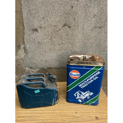 345 - Jerry can and Gulf oil can. {Jerry can 34 cm W x 28 cm H x 18 cm D}