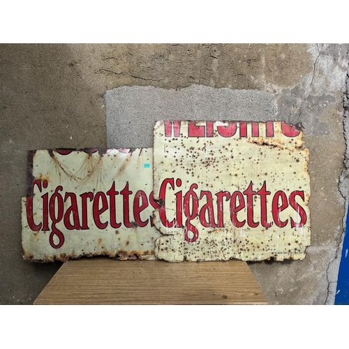 353 - Two antique enamel cigarette signs. {Largest 100 cm W x 90 cm H}