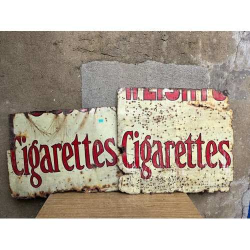 353 - Two antique enamel cigarette signs. {Largest 100 cm W x 90 cm H}