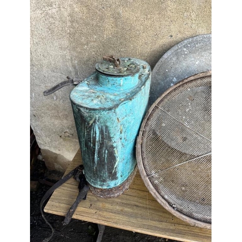 360 - Copper knapsack sprayer, galvanised bin lid, two riddles.