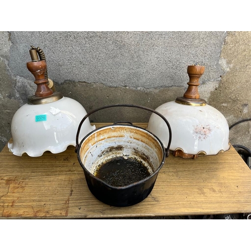 376 - Pair of white glass ceiling lamps and an enamel saucepan.