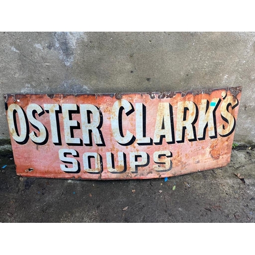 383 - Oster Clarks Soups antique enamel sign. {160 cm W x 60 cm H}