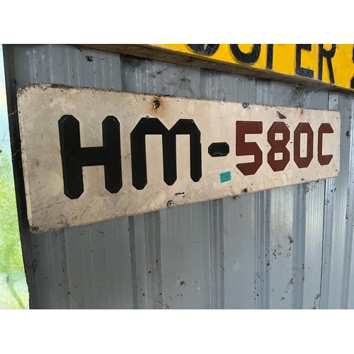 386 - HM 580c, Hy-Mac aluminium signs. {Largest 105 cm W x 25 cm H}