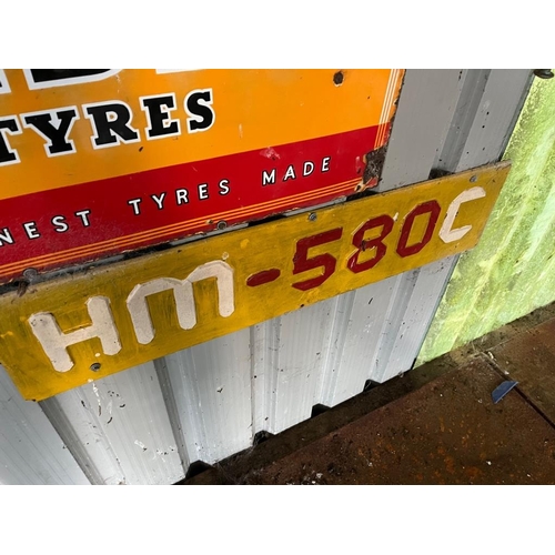 386 - HM 580c, Hy-Mac aluminium signs. {Largest 105 cm W x 25 cm H}