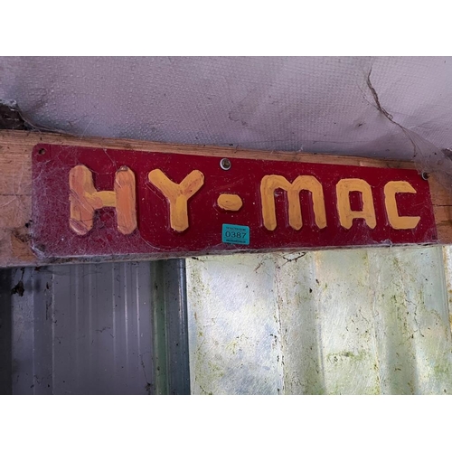 387 - Two Hy-Mac aluminium signs. {Largest 88cm W x 22 cm H}