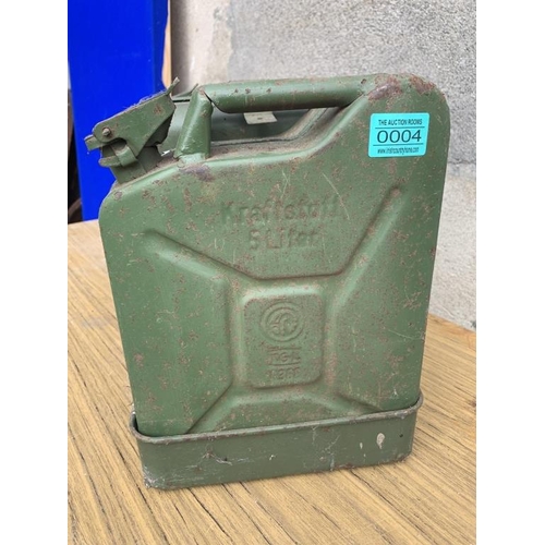 4 - Set of three Jerry cans complete with tray. {W 30 cm x H 30 cm x D 25 cm}