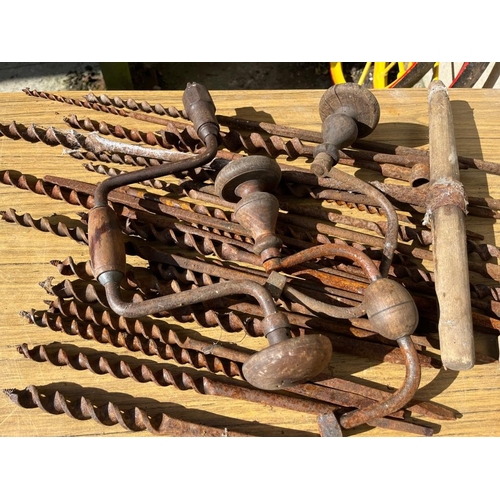 404 - Large selection of augers and three braces.