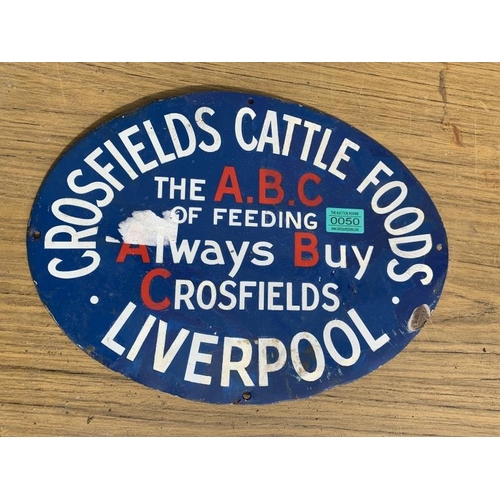 50 - Crossfields Cattle Foods oval enamel sign. {W 40 cm x H 30 cm}