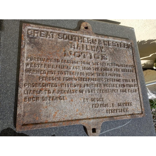 501 - Rare Original GS&WR Great Southern and Western Irish Railway Notice Sign.  Cast Iron, Square Lets (4... 