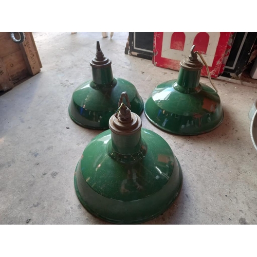 503 - 3 Racing Green Enamel Industrial Pendant Lights, White Enamel Interior (31cm Diameter)