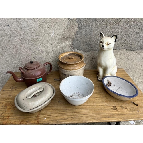 509 - Enamel teapot, earthenware items etc.