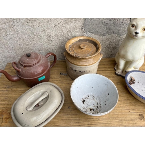 509 - Enamel teapot, earthenware items etc.