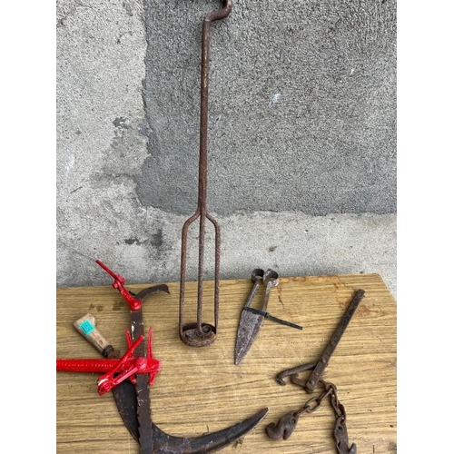 525 - Collection of items including two wire puller, branding iron and sheep shears.