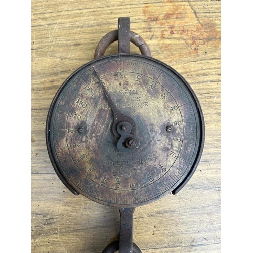 527 - Fine selection of antique brass and metal weighing scales. {Largest Salter 17 cm W x 45 cm H}