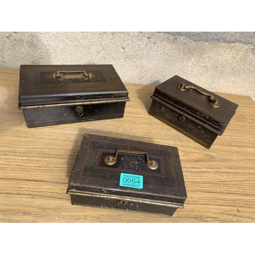 54 - Three antique cash boxes. {Largest 26 cm x H 10 cm x D 16 cm}