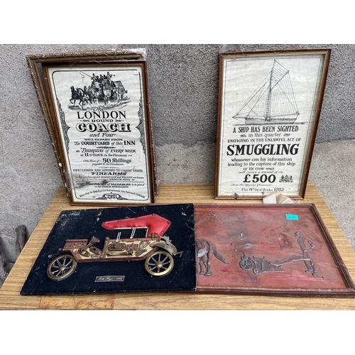 542 - Pair of vintage style posters and a metal version of a Rolls Royce.