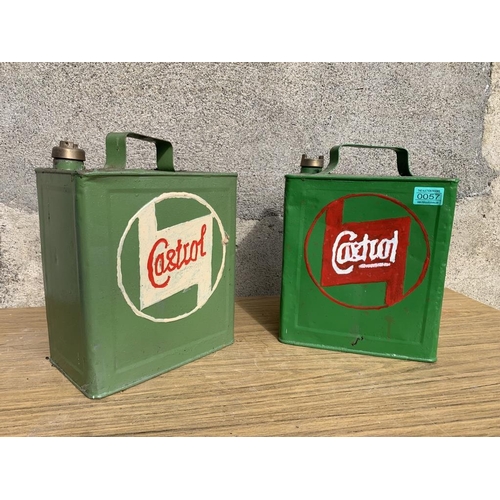 57 - Two Castrol oil cans complete with brass tops. {W 20 cm x H 25 cm x D 16 cm}