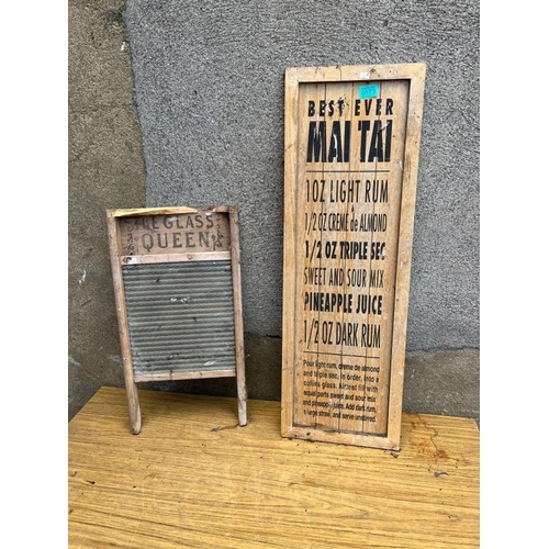 573 - Vintage washboard and a wooden drinks menu. {30 cm W x 90 cm H}