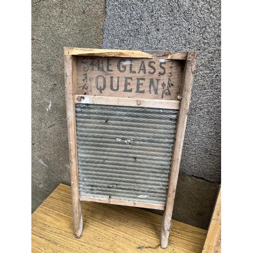 573 - Vintage washboard and a wooden drinks menu. {30 cm W x 90 cm H}