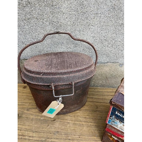 585 - Collection of items including biscuit tins and a chamber candlestick.