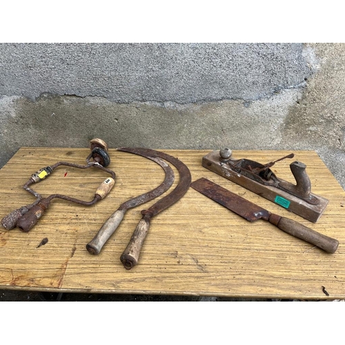 596 - Collection of vintage items incl. plane, scythe and drills etc.