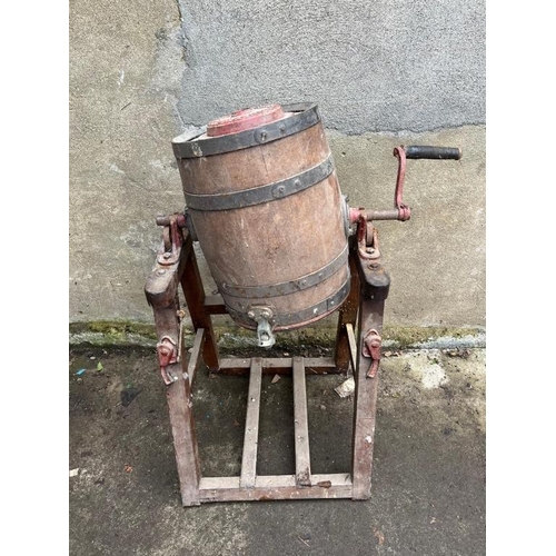 603 - Hewellin Haverfordwest milk churn on stand. {82 cm W x 114 cm H x 55 cm D}