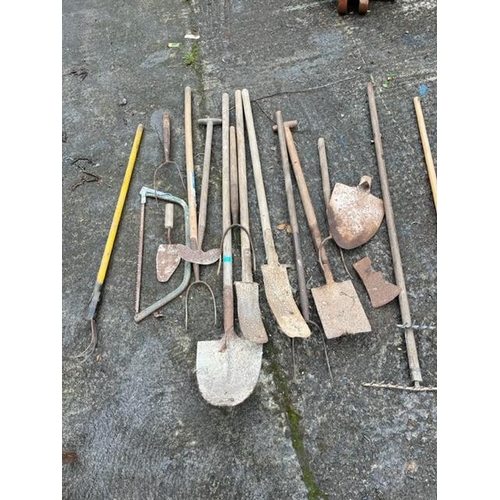 648 - Collection of sleans, shovels, rakes, axe head etc