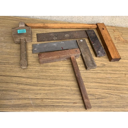 66 - Collection of wood working tools including mallet, squares and scribe.